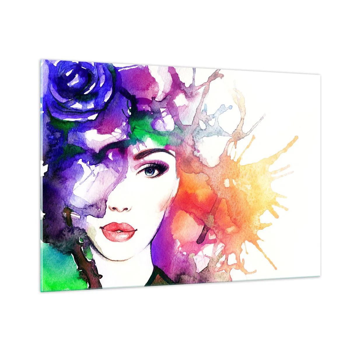 Impression sur verre - Image sur verre - Une femme avec un arrière-plan flou et coloré dans un style aquarelle - 100x70cm - Avec la tête dans les nuages - Décoration murale moderne pour le salon et la chambre ARTTOR