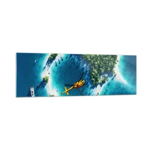 Impression sur verre - Image sur verre - Une île tropicale entourée d'eau turquoise avec un hélicoptère en vue - 160x50cm - Achetez-vous une île - Décoration murale moderne pour le salon et la chambre ARTTOR