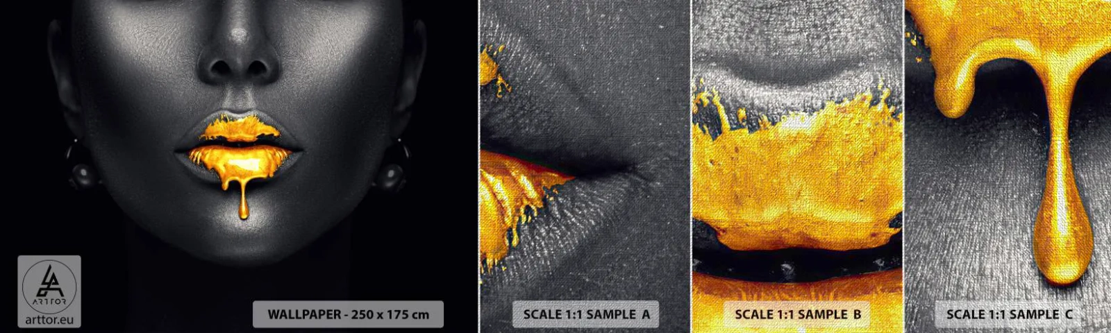 Échantillon de Papier Peint Premium Canvas - Bouche d'or - Abstraction, Bouche de femme, Visage de femme - 100x30 cm