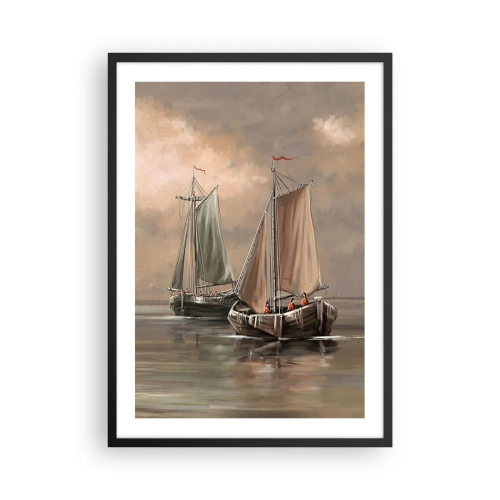 Affiche dans un cadre noir - Poster - Voiliers sur une mer calme aux couleurs pastel - 50x70cm - Le retour des marins - Décoration murale moderne pour le salon et la chambre ARTTOR