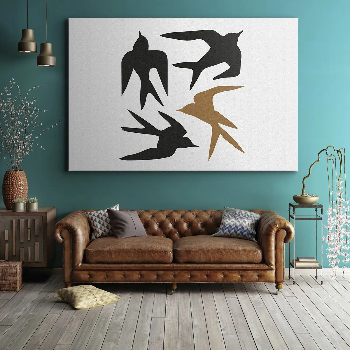 Impression sur toile - Image sur toile - Silhouettes d'hirondelles en noir et or - 70x50cm - Avaler du plaisir - Décoration murale moderne pour le salon et la chambre ARTTOR