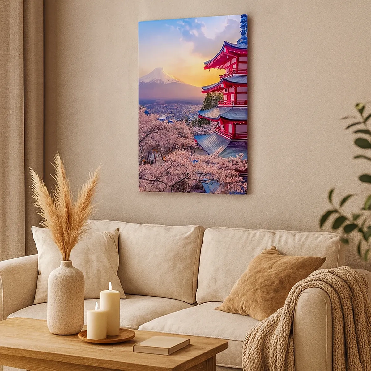 Impression sur toile - Image sur toile - Une pagode au Japon avec des cerisiers en fleurs et le mont Fuji - 50x70cm - Essence d'âme japonnaise - Décoration murale moderne pour le salon et la chambre ARTTOR