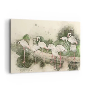 Impression sur toile - Image sur toile - Flamants roses dans leur environnement naturel dans un style aquarelle - 120x80cm - Rêve exotique - Décoration murale moderne pour le salon et la chambre ARTTOR