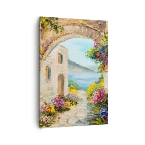 Impression sur toile - Image sur toile - Paysage de bord de mer avec des bâtiments en pierre et des fleurs - 70x100cm - Le charme d'une province côtière - Décoration murale moderne pour le salon et la chambre ARTTOR