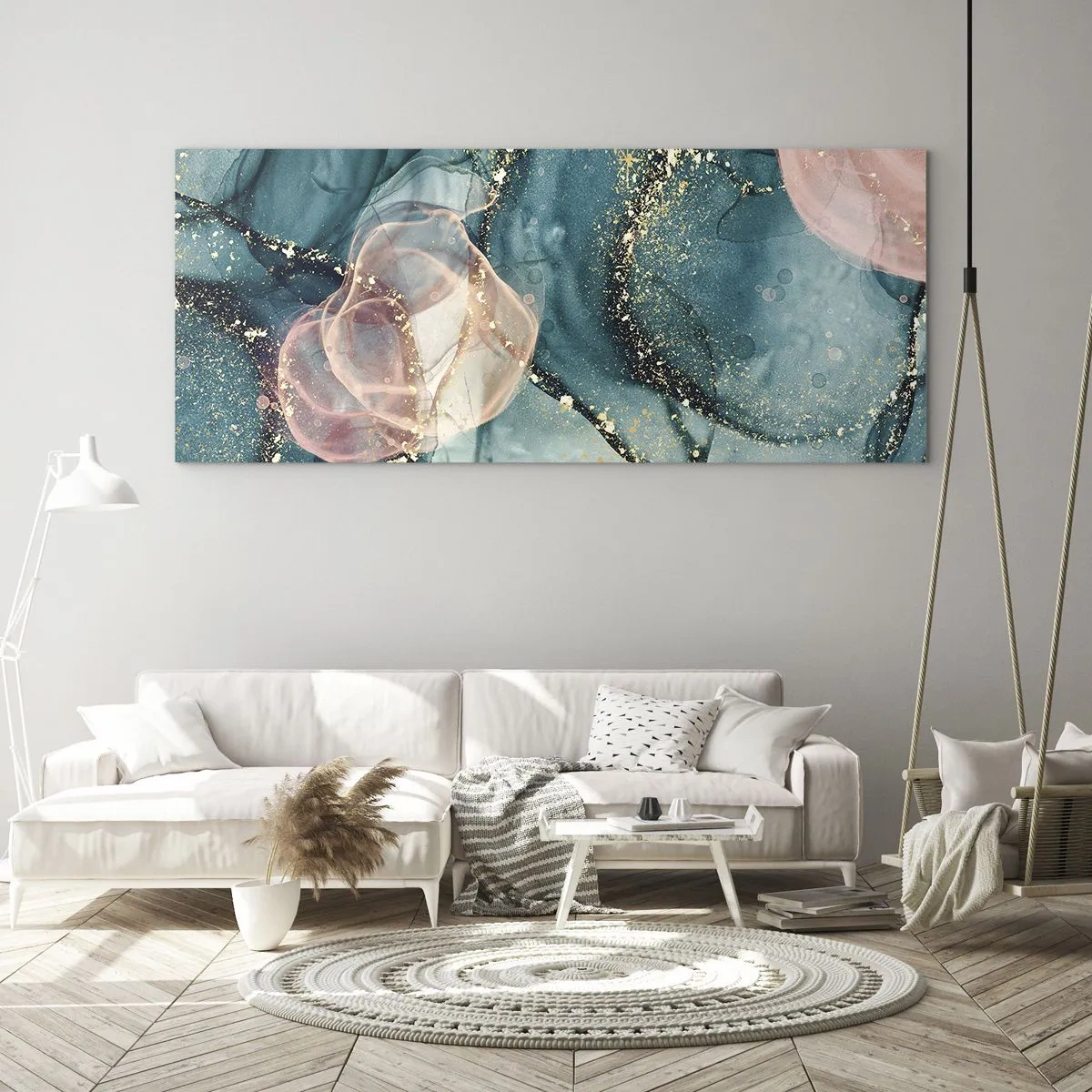 Impression sur verre - Image sur verre - Une composition abstraite dans des tons turquoise et or. - 120x50cm - Soie bleu, tulle rose - Décoration murale moderne pour le salon et la chambre ARTTOR