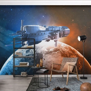 Papier Peint Photo Premium Sand - Un vaisseau spatial dans l'espace au-dessus de la planète - 100x70cm - Un observateur attentif - Décoration murale moderne pour le salon et la chambre ARTTOR