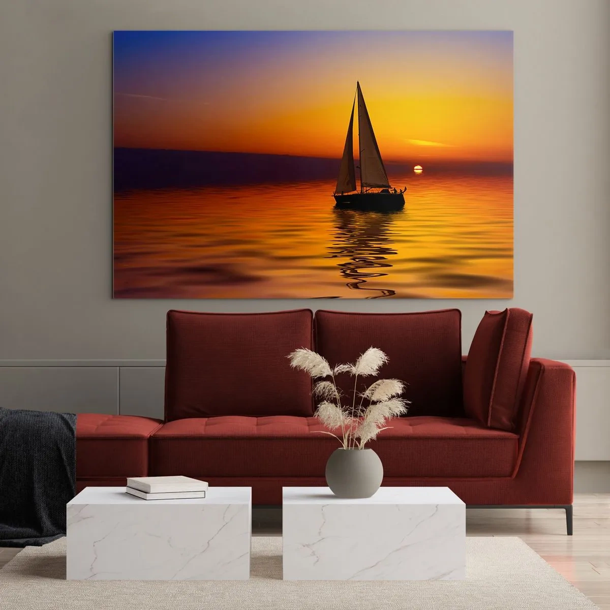 Impression sur verre - Image sur verre - Un voilier sur l'eau au coucher du soleil - 120x80cm - Comme c'est calme au crépuscule… - Décoration murale moderne pour le salon et la chambre ARTTOR