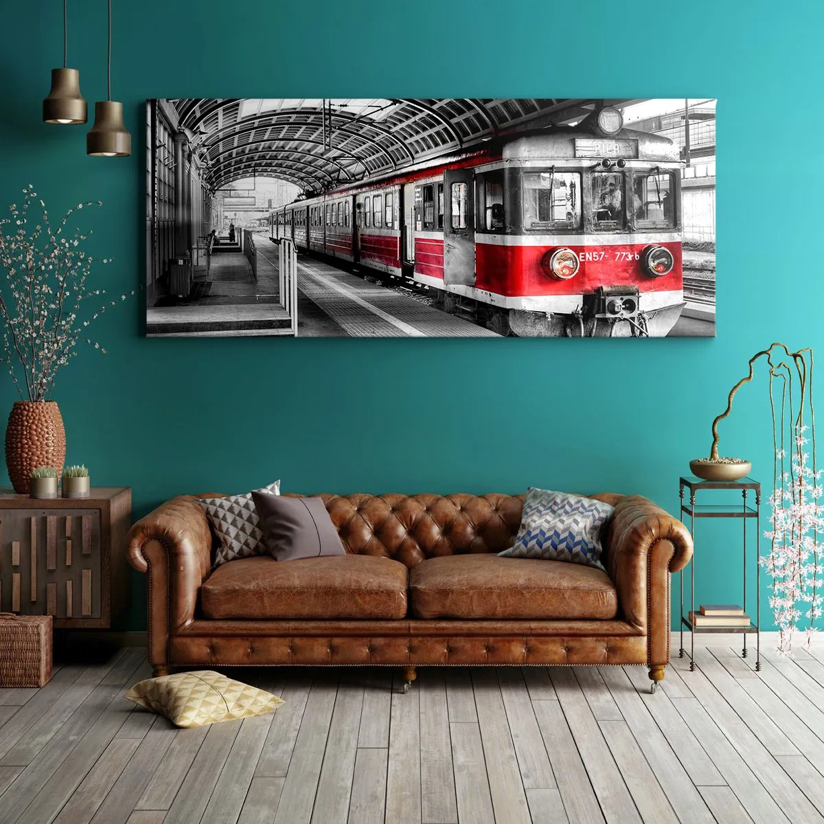 Impression sur toile - Image sur toile - Train rouge à la gare sous un toit - 160x50cm - C'est peut-être le voyage de votre vie ? - Décoration murale moderne pour le salon et la chambre ARTTOR