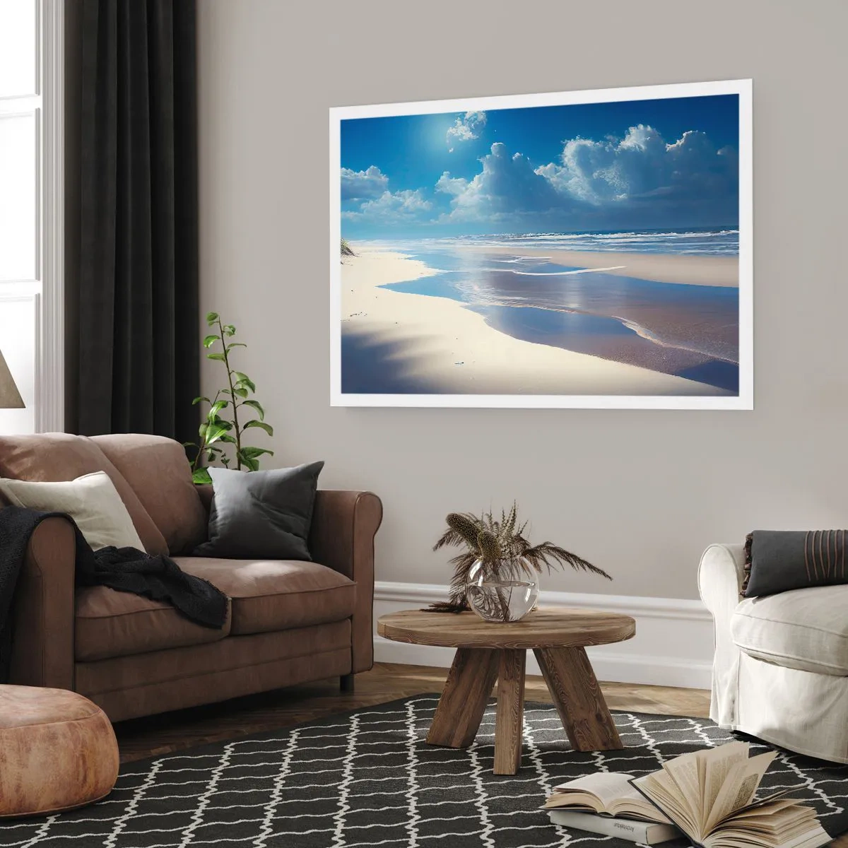 Affiche - Poster - Une plage de sable avec des vagues sous un ciel bleu - 100x70cm - Des vacances paradisiaques - Décoration murale moderne pour le salon et la chambre ARTTOR