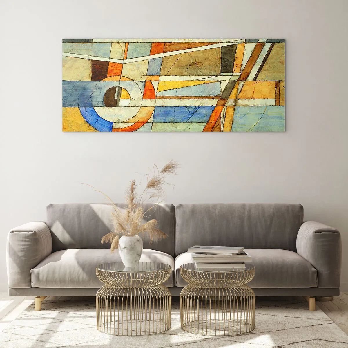 Impression sur verre - Image sur verre - Abstraction géométrique dans les tons beige, bleu et orange - 140x50cm - Cubisme sur le chantier - Décoration murale moderne pour le salon et la chambre ARTTOR