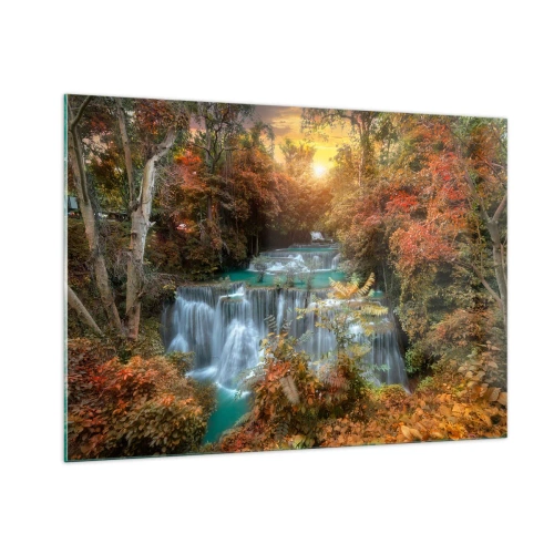 Impression sur verre - Image sur verre - Une cascade pittoresque entourée d'une forêt d'automne au coucher du soleil - 100x70cm - Trésor caché de la forêt - Décoration murale moderne pour le salon et la chambre ARTTOR