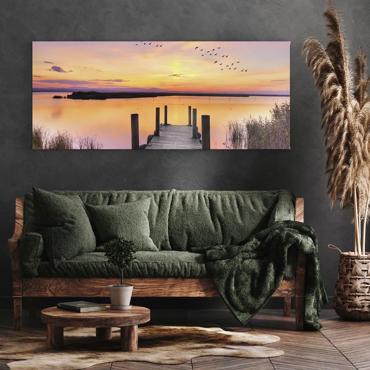 Impression sur toile - Image sur toile - Une jetée sur un lac au coucher du soleil avec des oiseaux dans le ciel - 120x50cm - Aube silencieuse violette - Décoration murale moderne pour le salon et la chambre ARTTOR