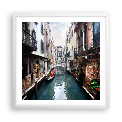 Affiche dans un cadre blanc - Poster - Paysage vénitien avec une gondole et un pont - 50x50 cm