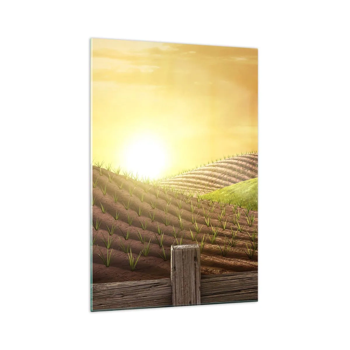 Impression sur verre - Image sur verre - Paysage rural avec une grange rouge, un tracteur et un lever de soleil - 70x100cm - Une ferme comme dans un conte de fées - Décoration murale moderne pour le salon et la chambre ARTTOR