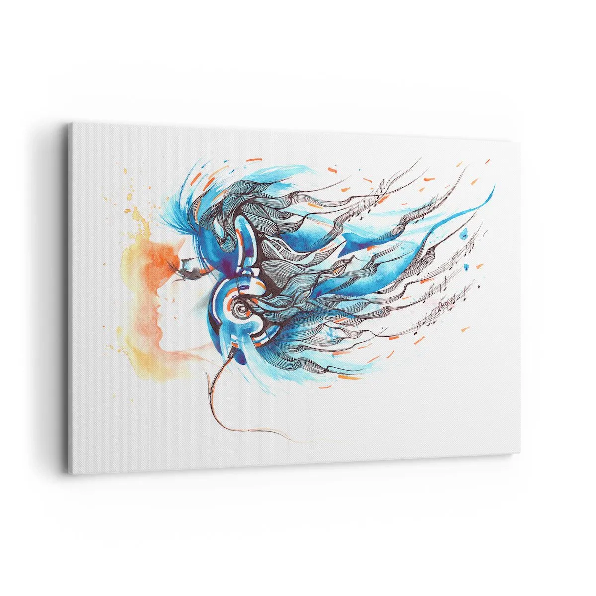 Impression sur toile - Image sur toile - Graphique artistique d'une femme portant des écouteurs avec des accents musicaux - 120x80cm - Que la musique joue - Décoration murale moderne pour le salon et la chambre ARTTOR