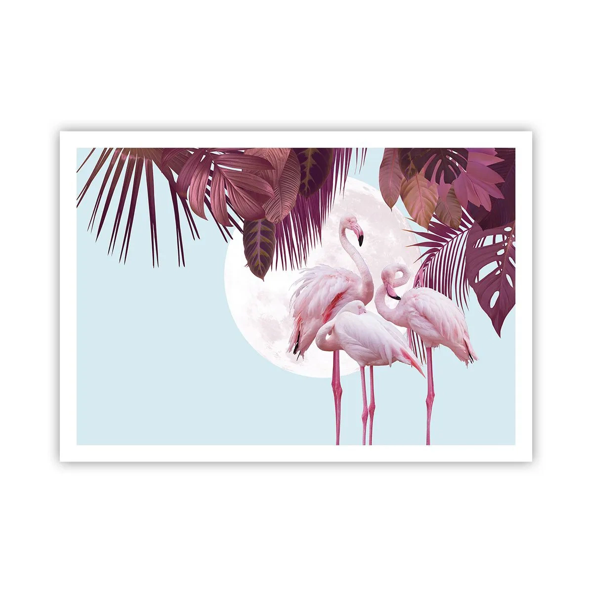 Affiche - Poster - Flamants roses sur fond de lune et de feuilles tropicales - 100x70cm - Trois oiseaux gracieux - Décoration murale moderne pour le salon et la chambre ARTTOR