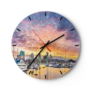 Horloge murale - Pendule murale - Marina avec bateaux et gratte-ciels en arrière-plan au coucher du soleil - 30x30cm - La cité aux mille marins - Décoration murale moderne pour le salon, la cuisine et la chambre ARTTOR