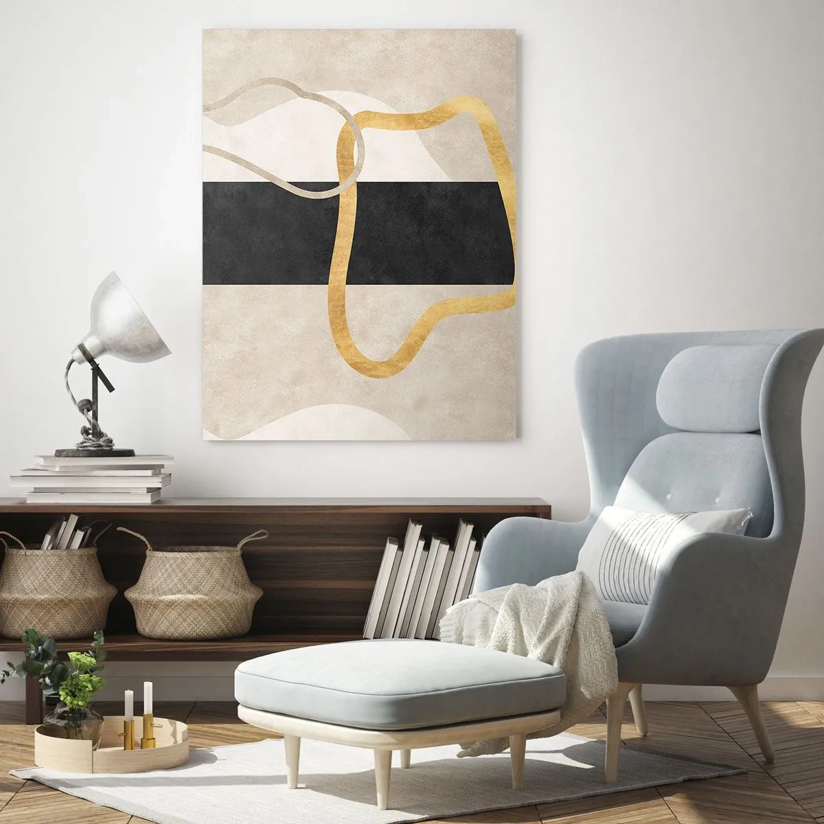 Impression sur verre - Image sur verre - Lignes dorées et beiges formant des formes en boucle sur un fond à rayures noires. - 50x70cm - Formes emmellées - Décoration murale moderne pour le salon et la chambre ARTTOR