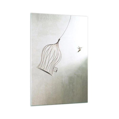 Impression sur verre - Image sur verre - Un oiseau libéré d'une cage sur fond de ciel lumineux - 70x100cm - Dans son élément - Décoration murale moderne pour le salon et la chambre ARTTOR