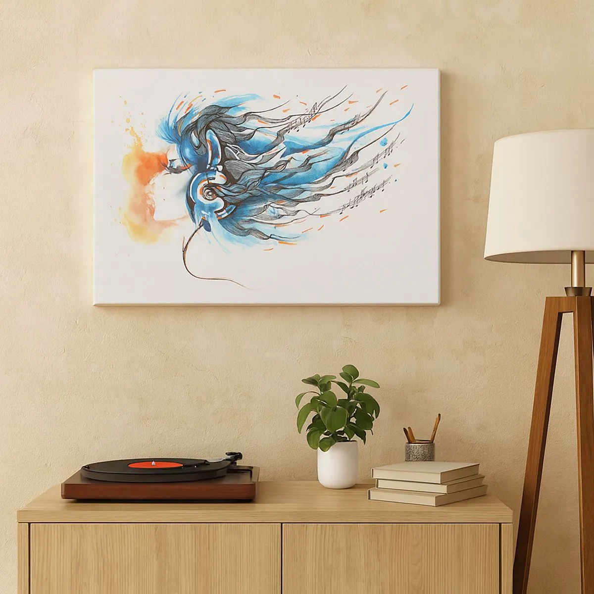 Impression sur toile - Image sur toile - Graphique artistique d'une femme portant des écouteurs avec des accents musicaux - 70x50cm - Que la musique joue - Décoration murale moderne pour le salon et la chambre ARTTOR