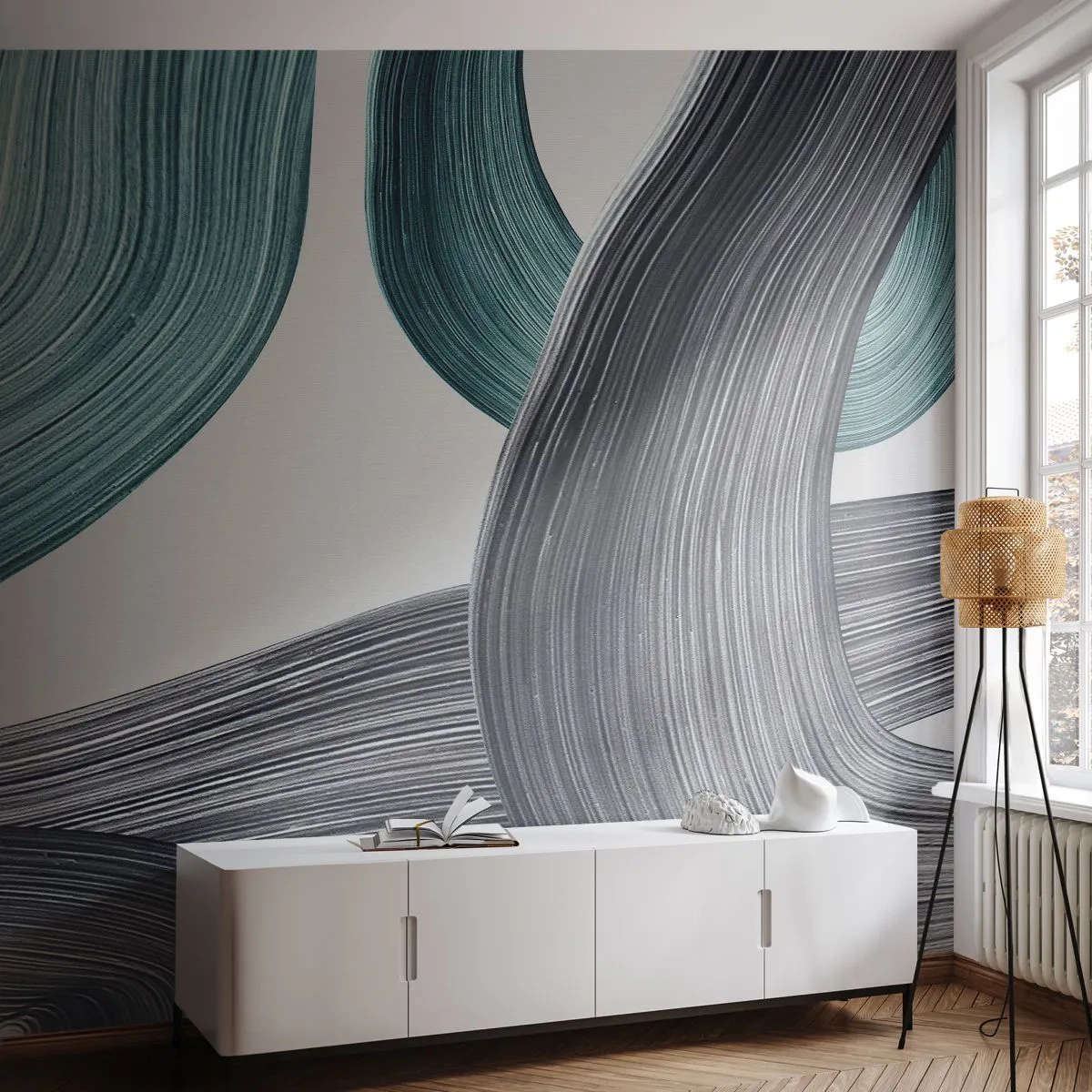 Papier Peint Photo Standard Eco - Sentiers émeraude et noirs - Peinture, Brosse, Minimalisme - 350x256 cm