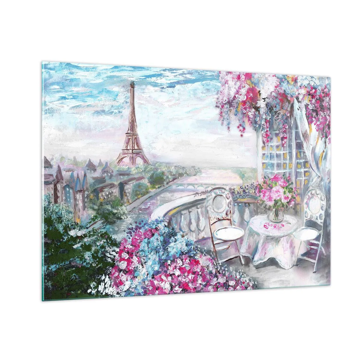 Impression sur verre - Image sur verre - Illustration d'une vue de la Tour Eiffel avec un balcon rempli de fleurs - 100x70cm - C'est le plus beau ici en mai - Décoration murale moderne pour le salon et la chambre ARTTOR