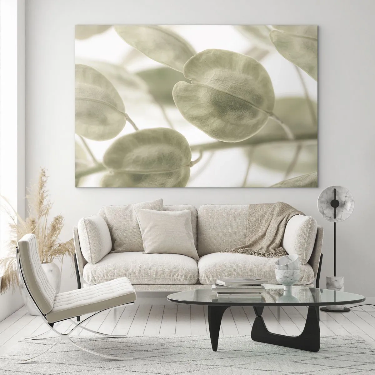 Impression sur verre - Image sur verre - Gros plan de feuilles dans des tons pastel doux de vert - 70x50cm - Au commencement il y avait des feuilles... - Décoration murale moderne pour le salon et la chambre ARTTOR
