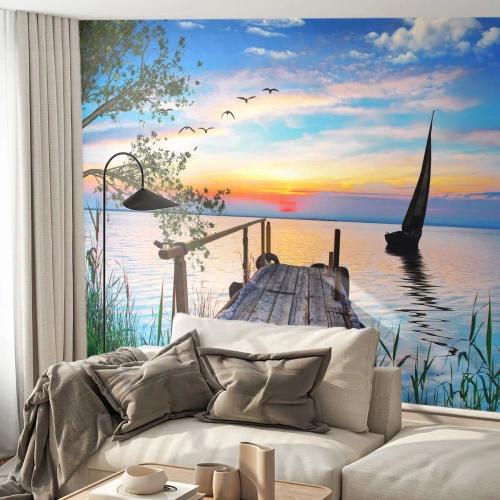 Papier peint sur mesure Premium Sand - Bonsoir! - Paysage, Lac, Pont de bois