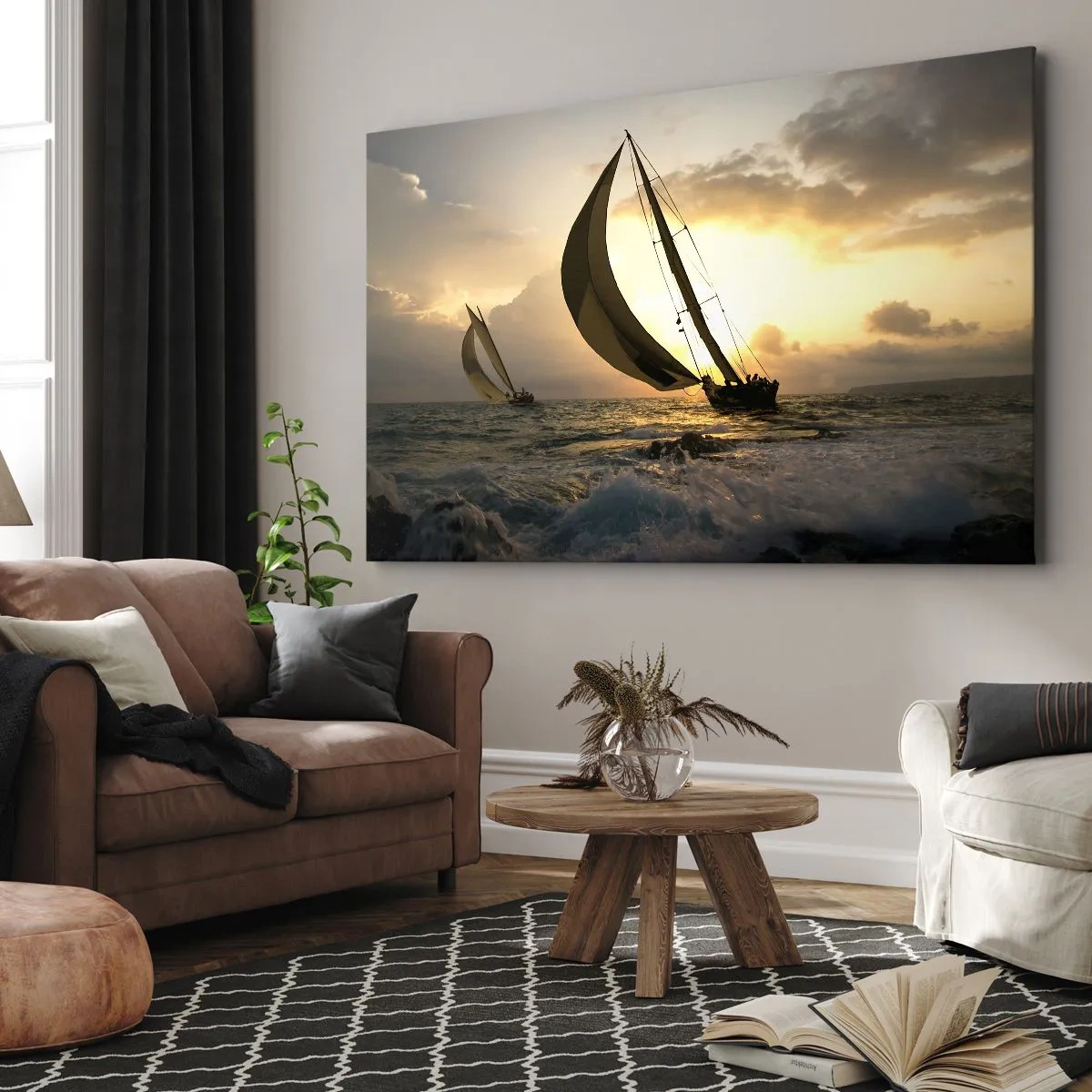Impression sur toile - Image sur toile - Voiliers en mer au coucher du soleil - 120x80cm - Avec le vent et contre le vent - Décoration murale moderne pour le salon et la chambre ARTTOR