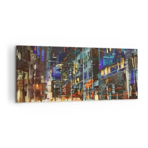 Impression sur toile - Image sur toile - Scène nocturne de la ville avec des néons - 120x50cm - L'agitation de la rue en soirée - Décoration murale moderne pour le salon et la chambre ARTTOR