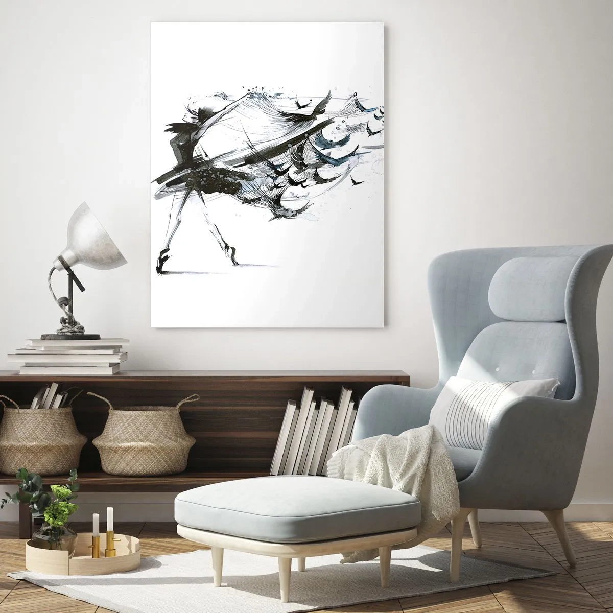 Impression sur verre - Image sur verre - Danseuse en mouvement avec des oiseaux flottants - 50x70cm - La magie de la musique vous libère des envoûtements - Décoration murale moderne pour le salon et la chambre ARTTOR