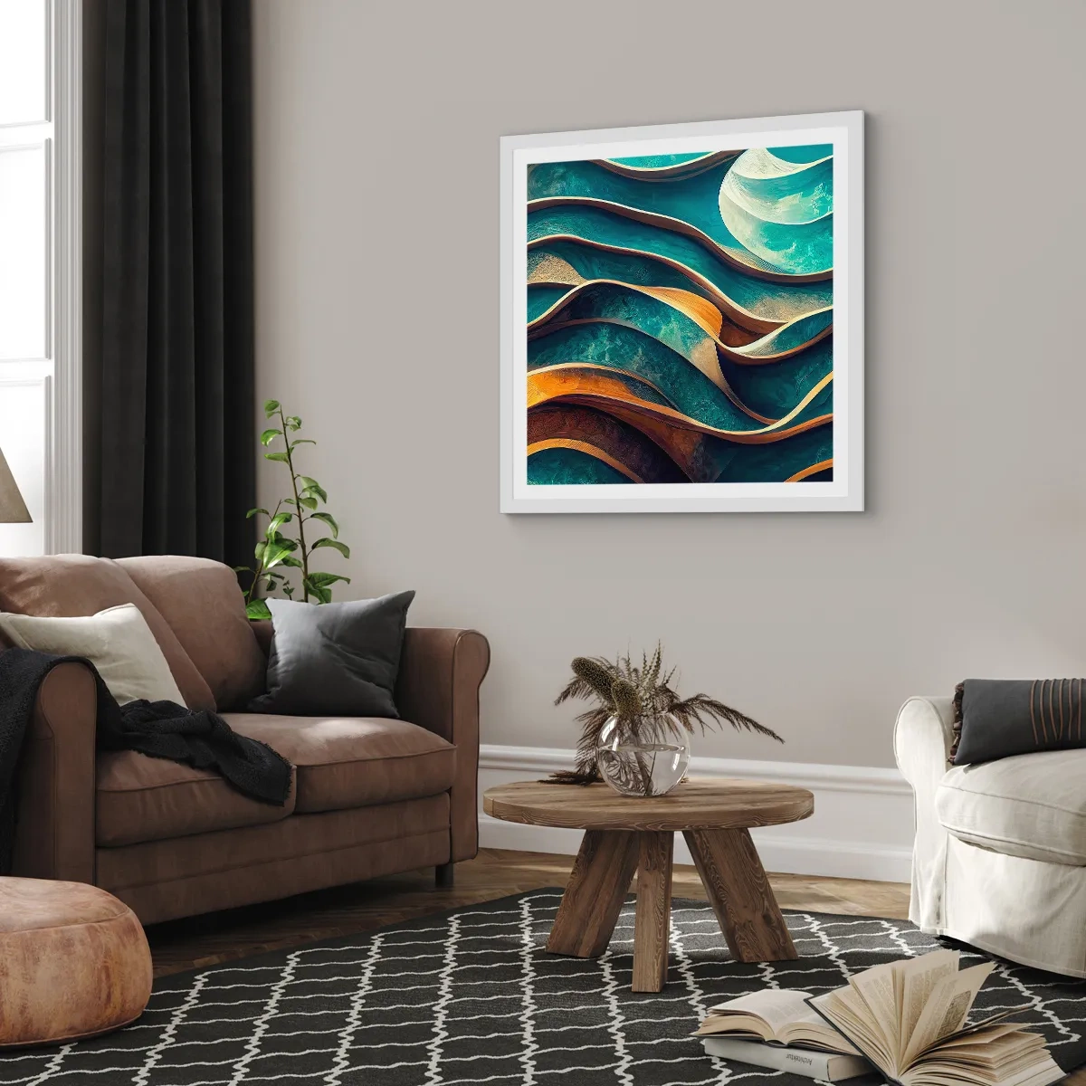 Affiche dans un cadre blanc - Poster - Méandres de bleu - 60x60 cm