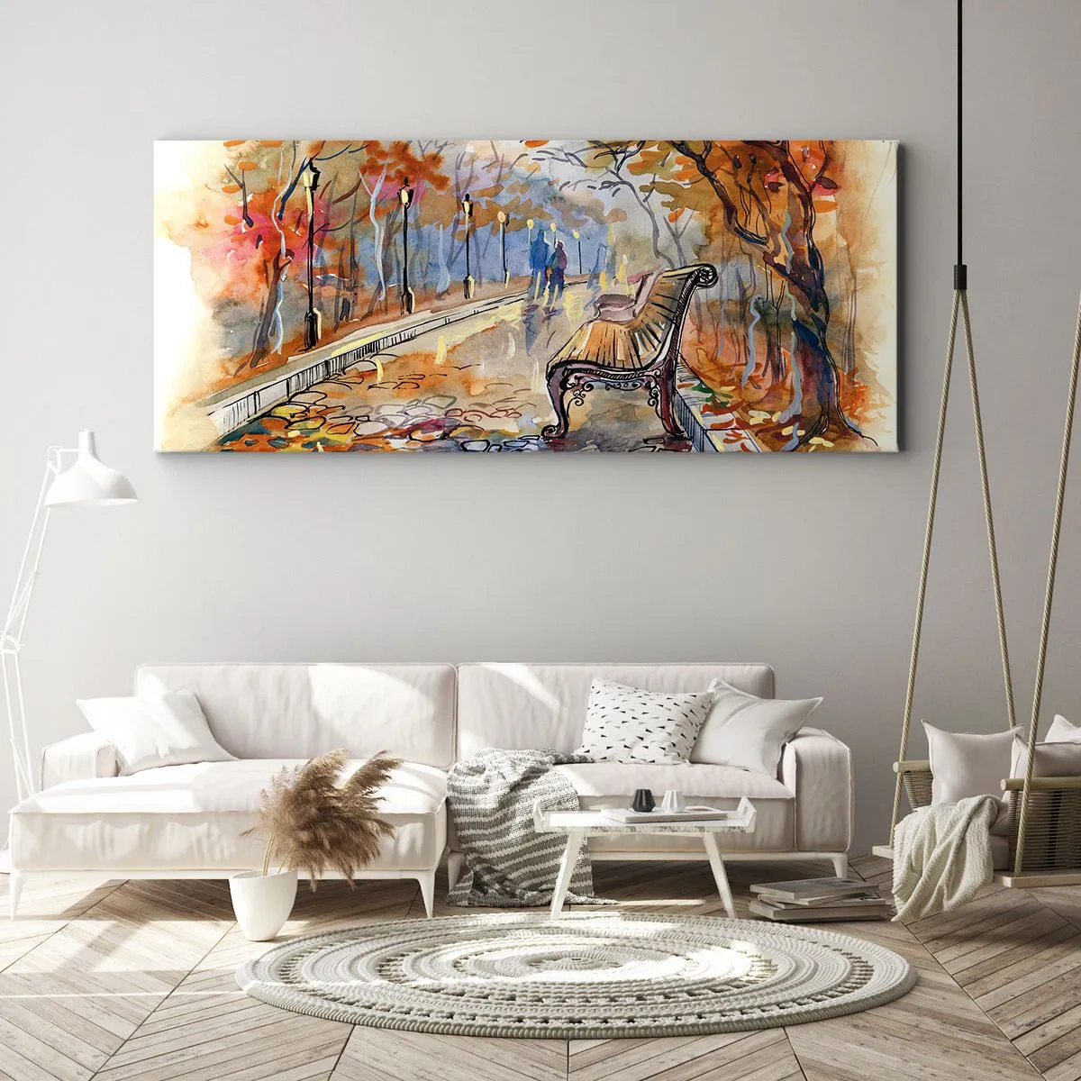 Impression sur toile - Image sur toile - Un parc d'automne avec un banc à l'aquarelle - 120x50cm - Errer ensemble à l'automne - Décoration murale moderne pour le salon et la chambre ARTTOR