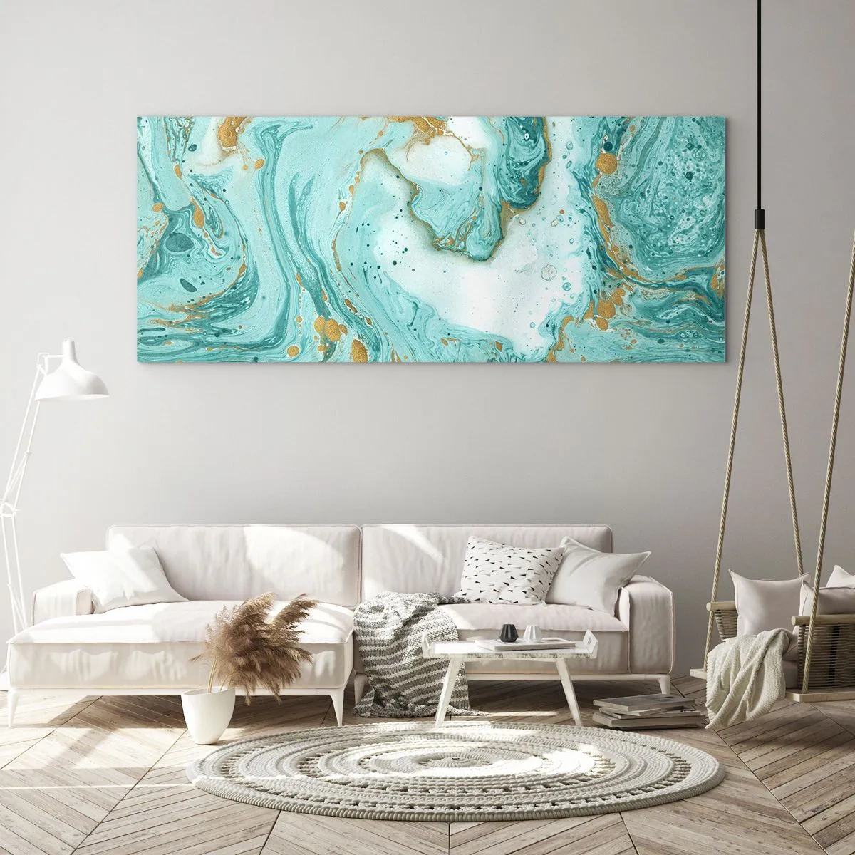 Impression sur verre - Image sur verre - Marbre turquoise avec des accents dorés dans une composition abstraite - 140x50cm - Sous la grande vague de l'ère Edo - Décoration murale moderne pour le salon et la chambre ARTTOR