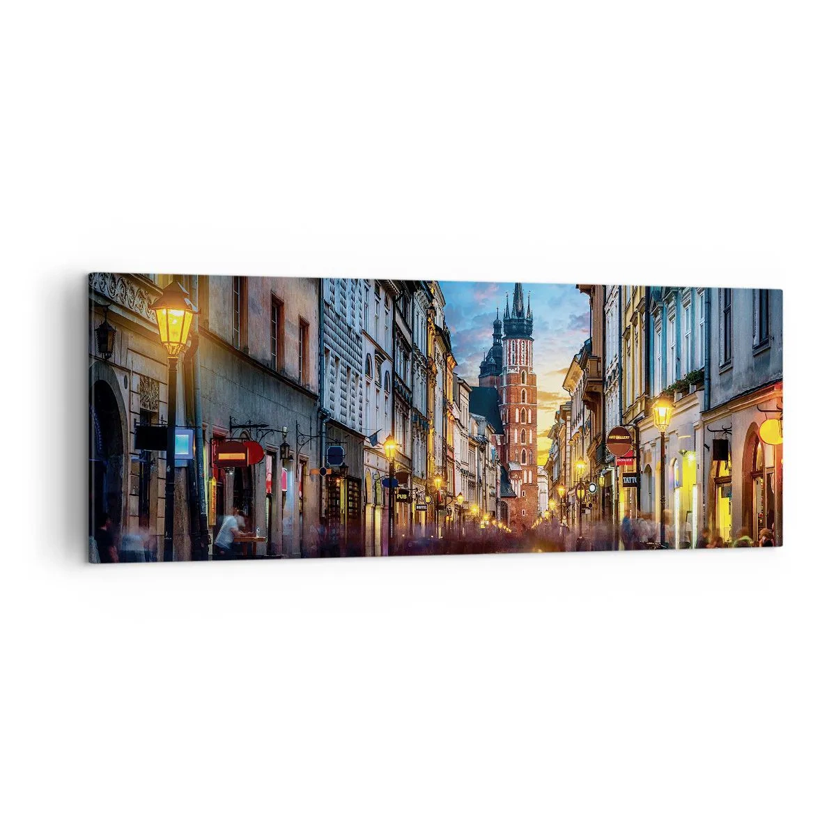 Impression sur toile - Image sur toile - Rue du soir avec vue sur la cathédrale de Cracovie - 140x50cm - La magie de Cracovie - Décoration murale moderne pour le salon et la chambre ARTTOR