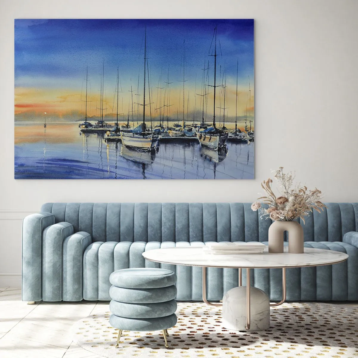 Impression sur verre - Image sur verre - Voiliers dans le port au coucher du soleil - 70x50cm - Fin d'une belle journée - Décoration murale moderne pour le salon et la chambre ARTTOR