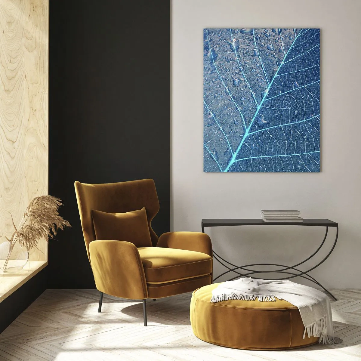 Impression sur verre - Image sur verre - Une feuille dans des tons bleus avec des gouttes d'eau - 80x120cm - La vie en bleu - Décoration murale moderne pour le salon et la chambre ARTTOR