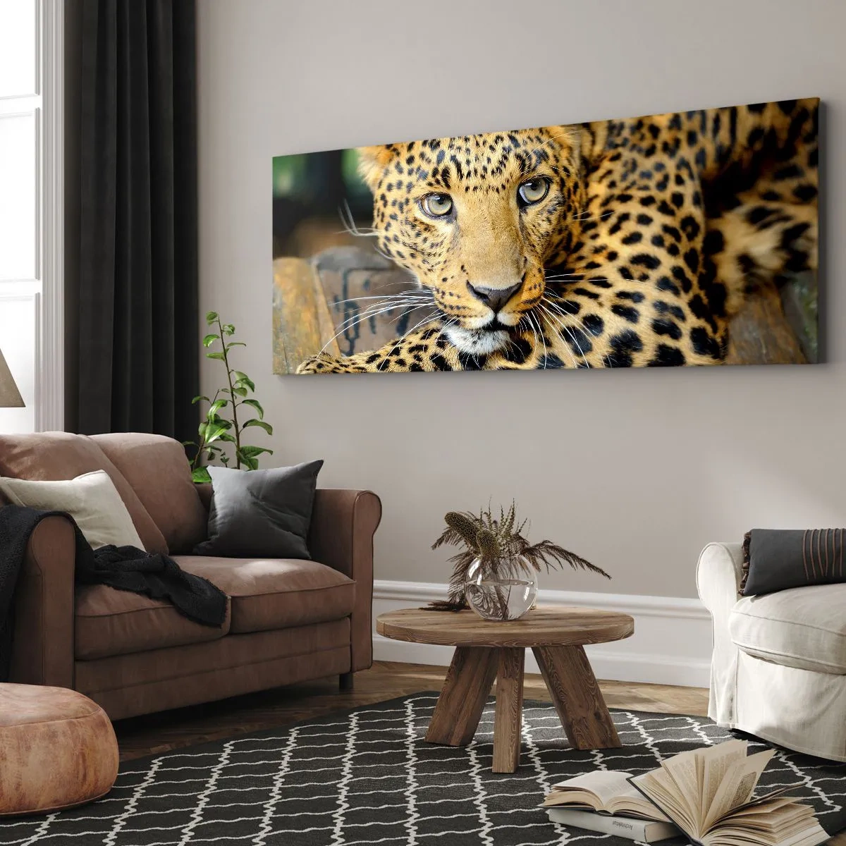 Impression sur toile - Image sur toile - Portrait d'un léopard dans son environnement naturel - 120x50cm - N'aie pas peur, viens - Décoration murale moderne pour le salon et la chambre ARTTOR