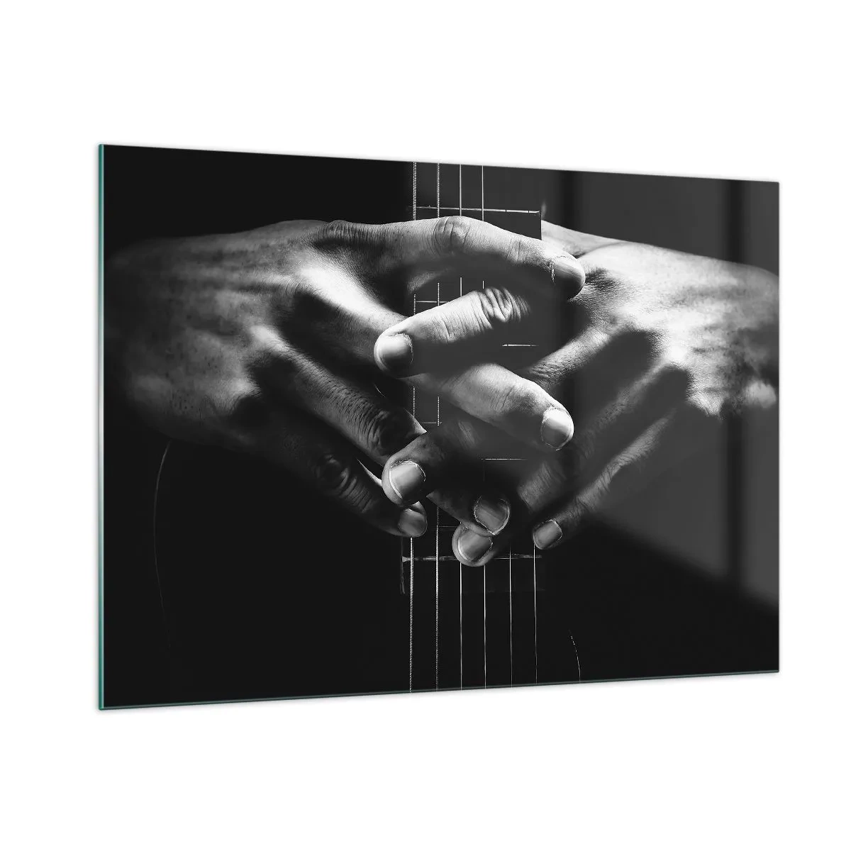Impression sur verre - Image sur verre - Mains jointes posées sur le manche de la guitare en noir et blanc - 100x70cm - Prière d'artiste - Décoration murale moderne pour le salon et la chambre ARTTOR