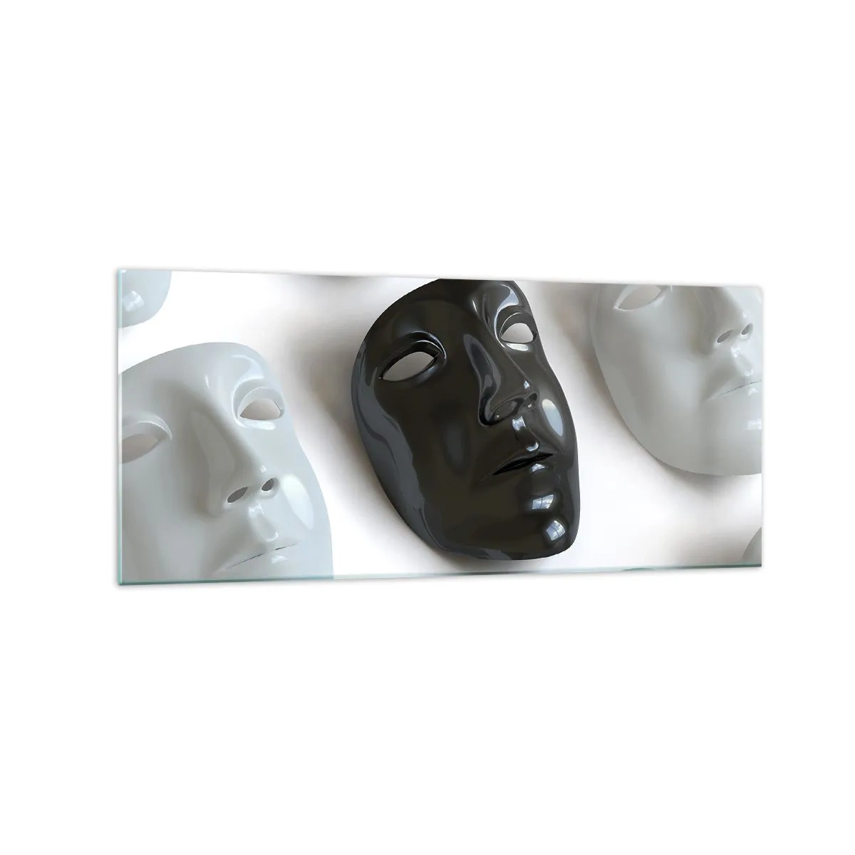 Impression sur verre - Image sur verre - Masques noirs et blancs sur fond clair - 120x50cm - Comment se démarquer ? - Décoration murale moderne pour le salon et la chambre ARTTOR