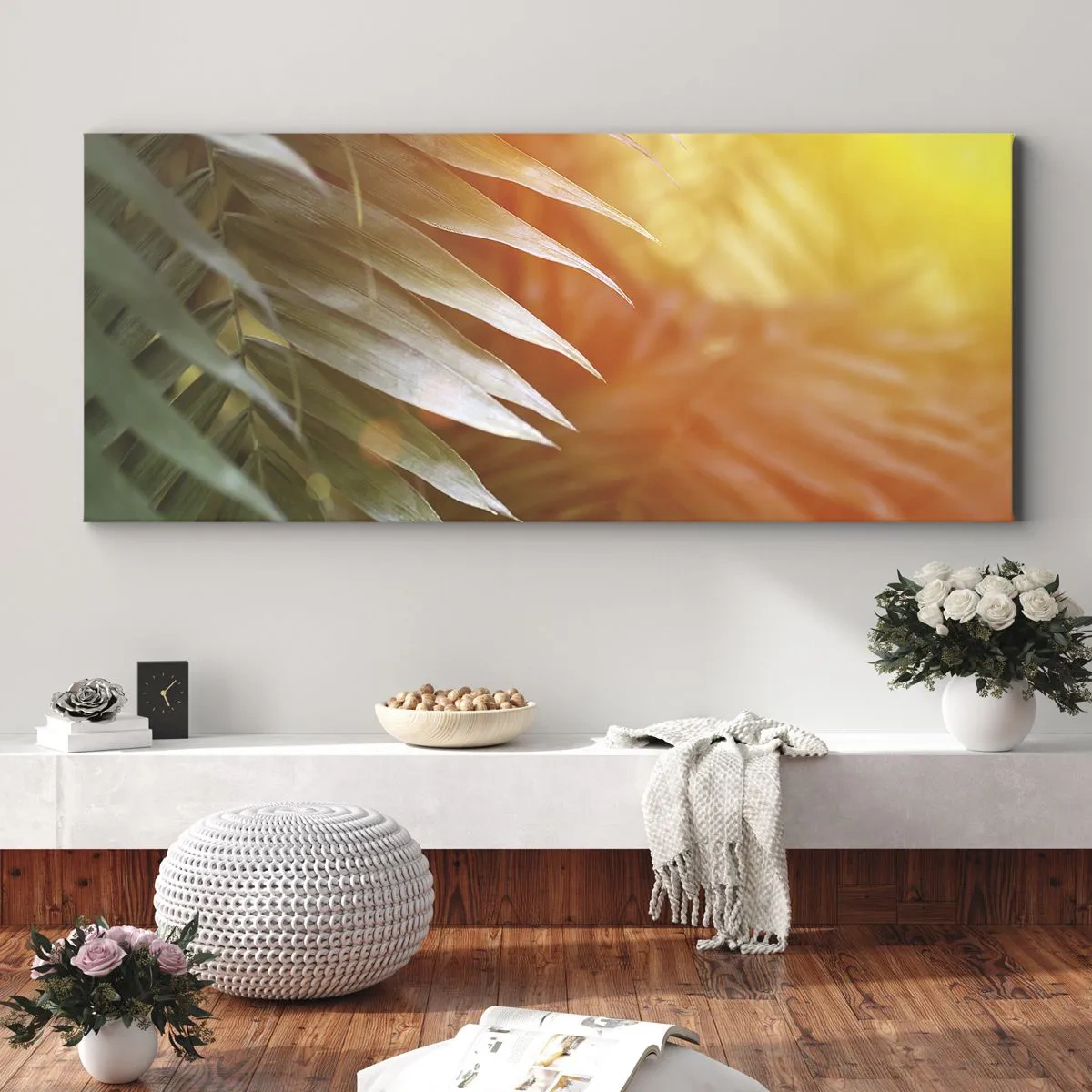 Impression sur toile - Image sur toile - Feuilles de palmier dans les rayons du soleil couchant - 160x50cm - Matinée dans la jungle - Décoration murale moderne pour le salon et la chambre ARTTOR