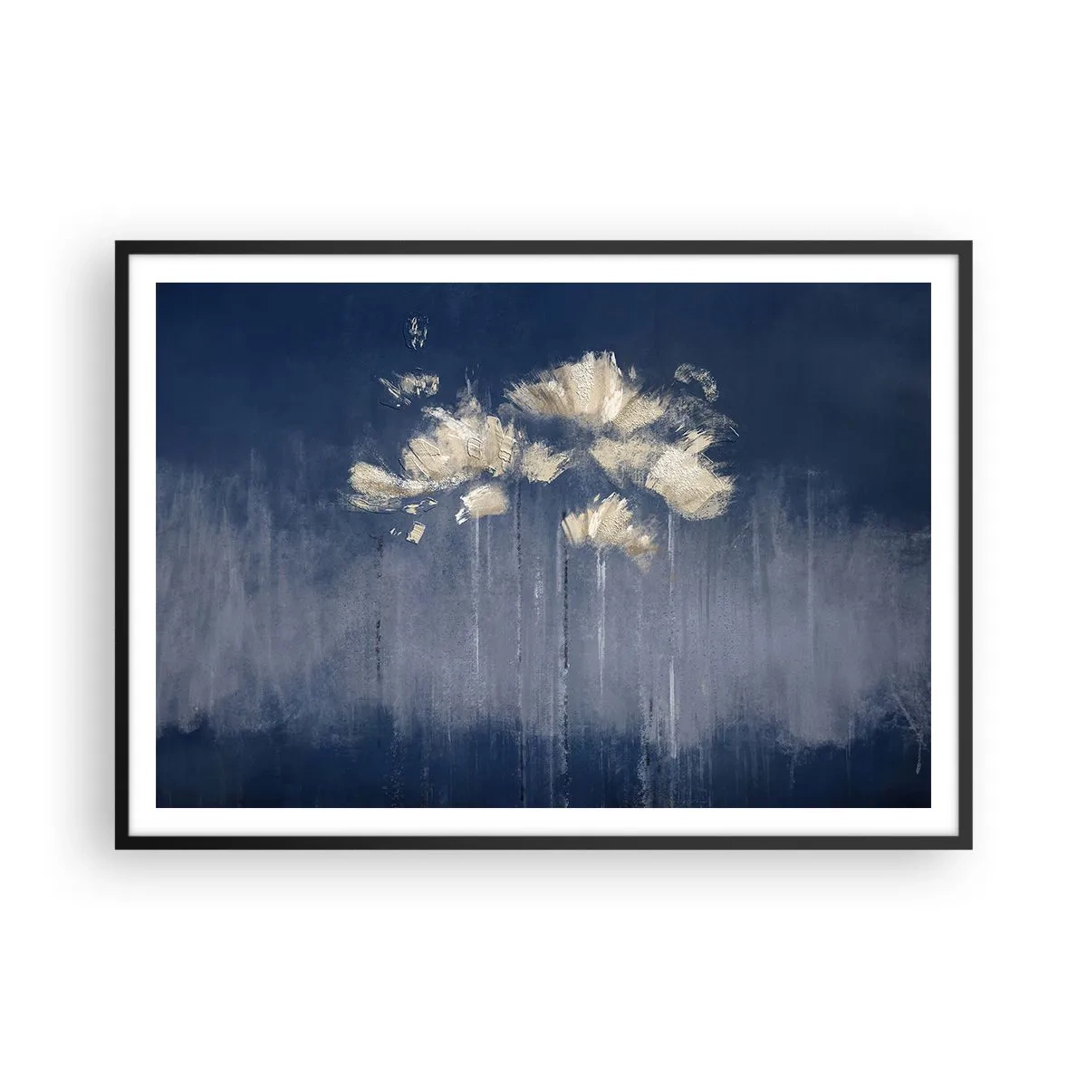 Affiche dans un cadre noir - Poster - Fleurs délicates sur fond bleu - 100x70cm - Comme des pétales au vent - Décoration murale moderne pour le salon et la chambre ARTTOR