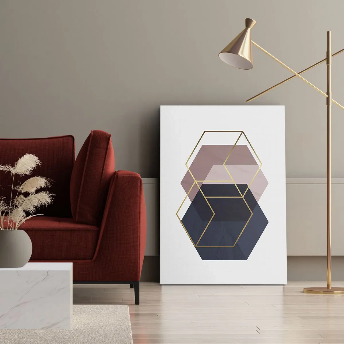 Impression sur toile - Image sur toile - Formes géométriques en lignes dorées sur fond pastel - 50x70cm - Le pouvoir de la simplicité - Décoration murale moderne pour le salon et la chambre ARTTOR