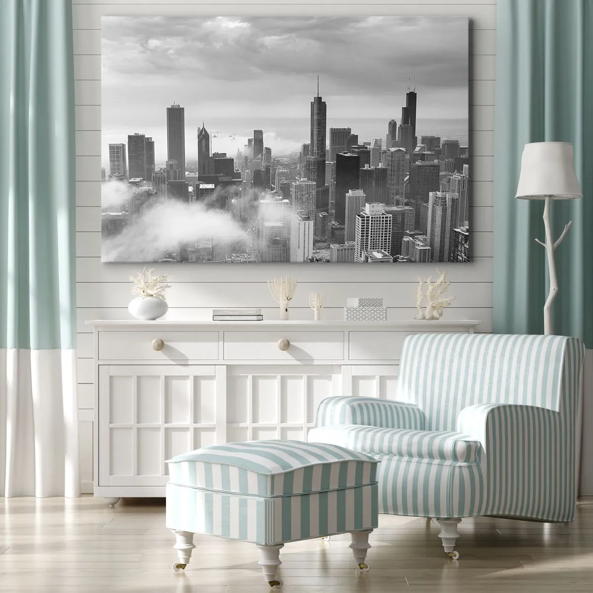 Impression sur toile - Image sur toile - Panorama de la ville avec des gratte-ciels dans les nuages en noir et blanc - 70x50cm - Paysage américain - Décoration murale moderne pour le salon et la chambre ARTTOR