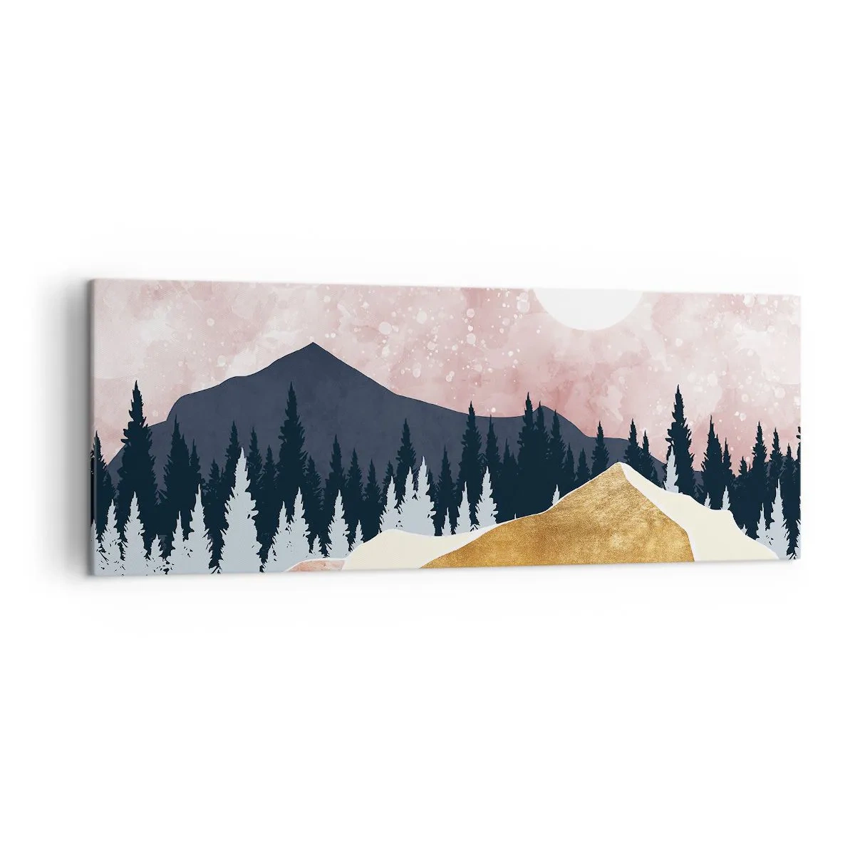Impression sur toile - Image sur toile - Montagnes colorées contre un ciel rose avec une lune - 140x50cm - Gardien de la nuit - Décoration murale moderne pour le salon et la chambre ARTTOR