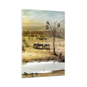 Impression sur verre - Image sur verre - Éléphants et animaux à un point d'eau sur fond de paysage africain - 50x70cm - "Et d'Eden coulait une rivière..." - Décoration murale moderne pour le salon et la chambre ARTTOR