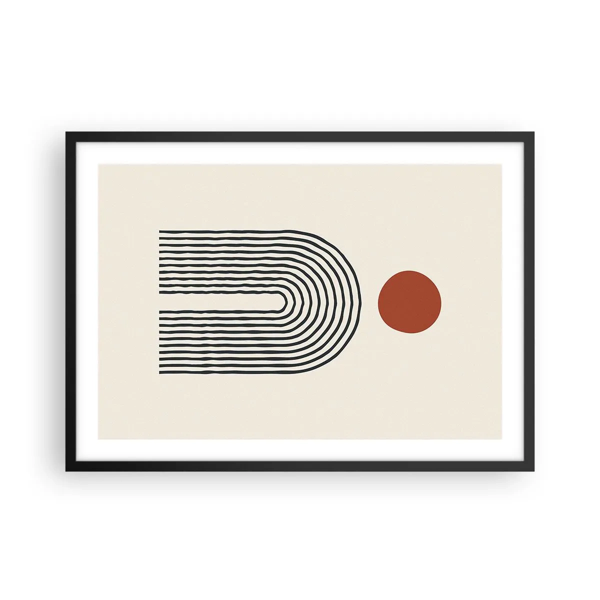 Affiche dans un cadre noir - Poster - Motif abstrait moderne avec des lignes et un cercle rouge - 70x50cm - Le magnétisme des formes et des couleurs - Décoration murale moderne pour le salon et la chambre ARTTOR