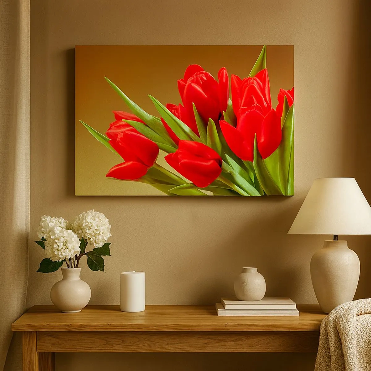 Impression sur toile - Image sur toile - Un bouquet de tulipes rouges sur fond doré avec des feuilles vertes. - 70x50cm - Amas de joie printanière - Décoration murale moderne pour le salon et la chambre ARTTOR