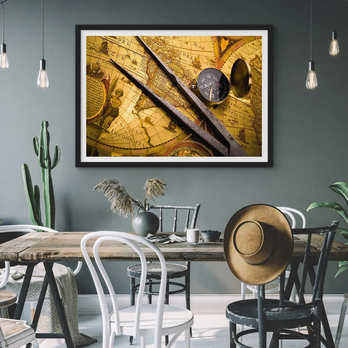 Affiche dans un cadre noir - Poster - Une carte du monde antique avec une boussole et un compas en arrière-plan - 100x70cm - Où sont ces trésors? - Décoration murale moderne pour le salon et la chambre ARTTOR