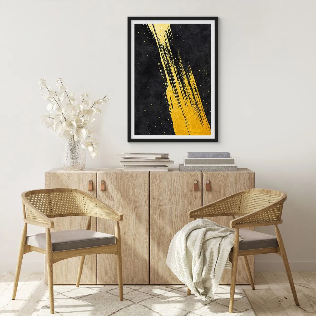 Affiche dans un cadre noir - Poster - Coups de pinceau dorés sur fond noir - 50x70cm - Sautez dans l'hyperespace - Décoration murale moderne pour le salon et la chambre ARTTOR